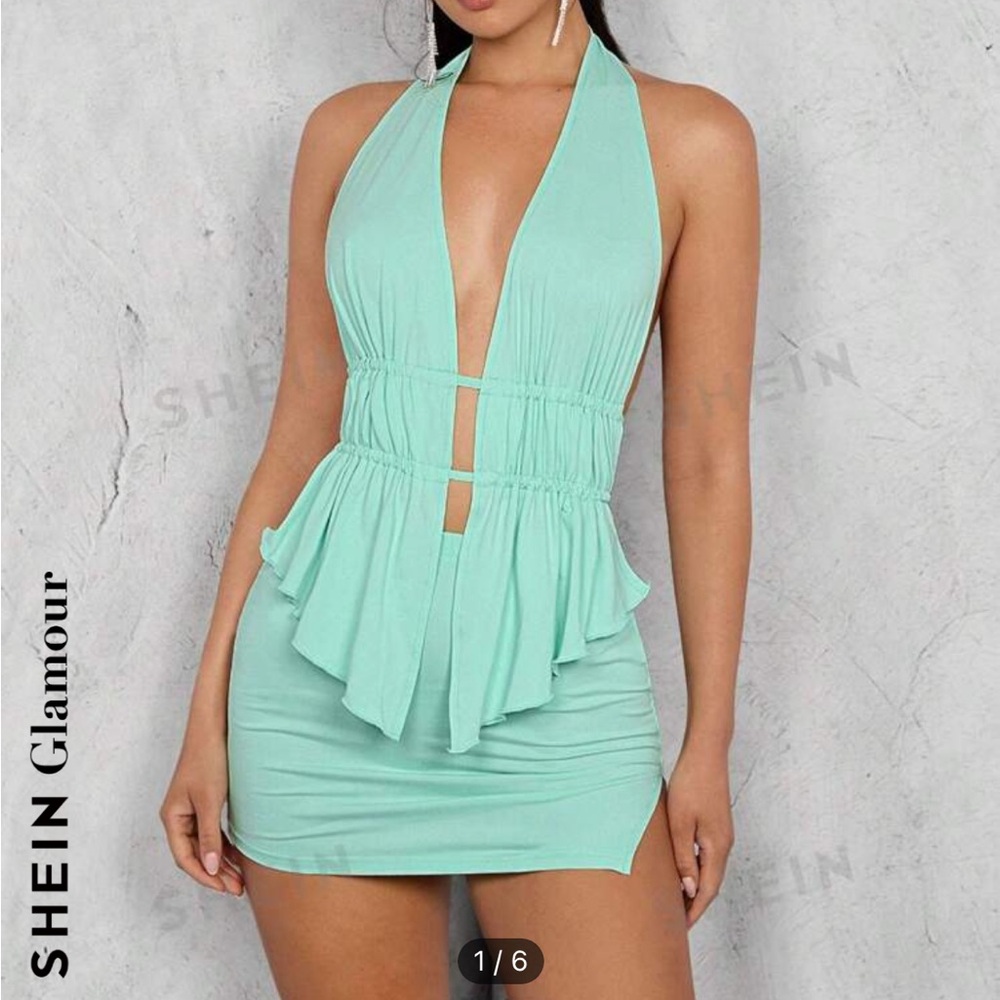 SHEIN Glamour Mint Blue Backless Halter Top & Bodycon Skirt